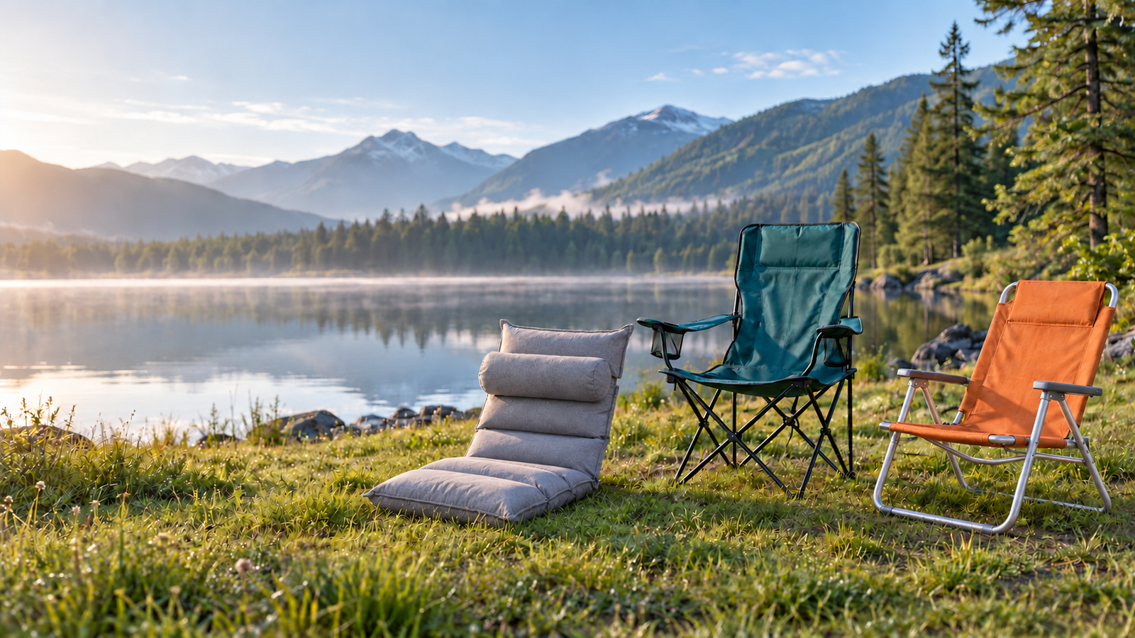 Folding floor chair, camping chair and beach chair by a lakeside