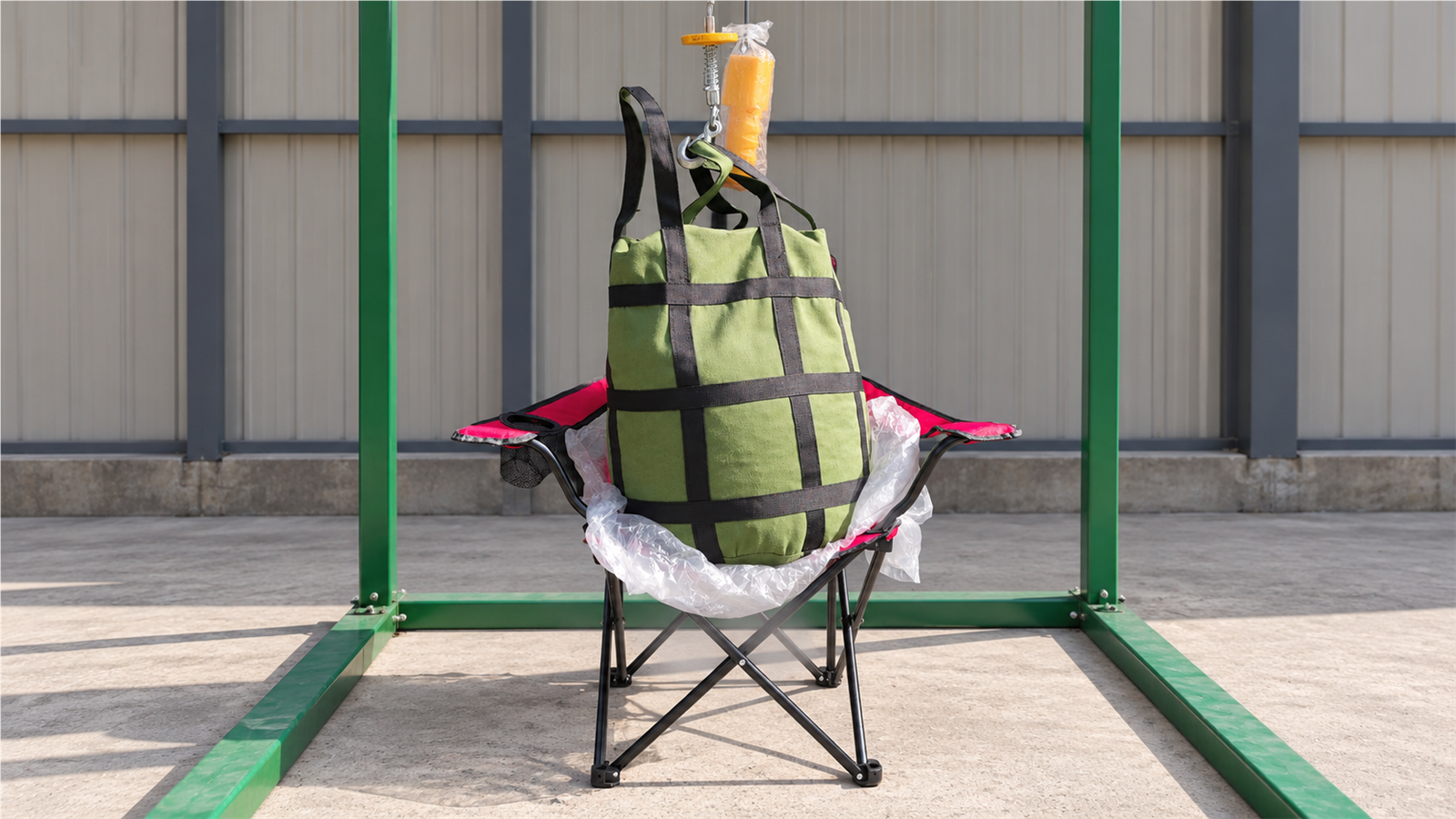 A folding camping chair undergoing a hanging-load check for comparing load claims and test conditions.