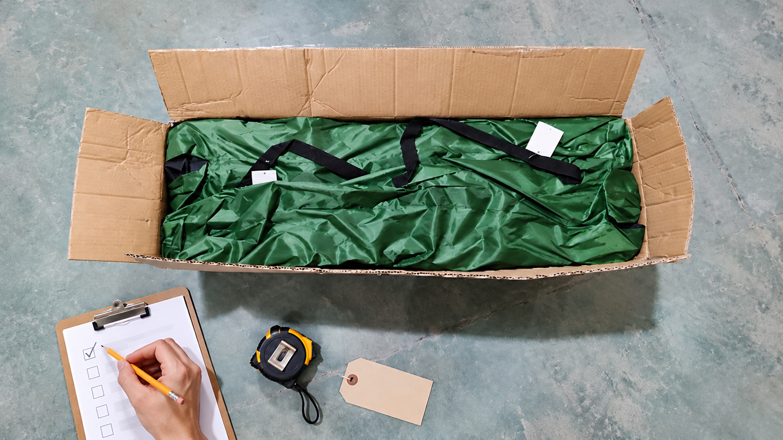 Illustrative packaging review using a photograph of green chair bags in an open carton, with an added checklist and measuring tape.