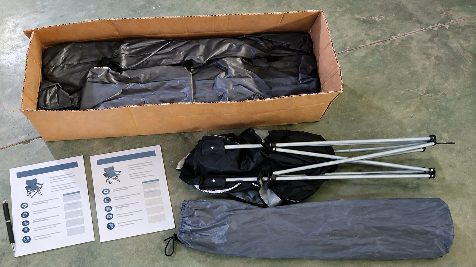 Illustrative comparison of two non-readable quotation sheets beside a folded camping chair, carry bag and shipping carton.