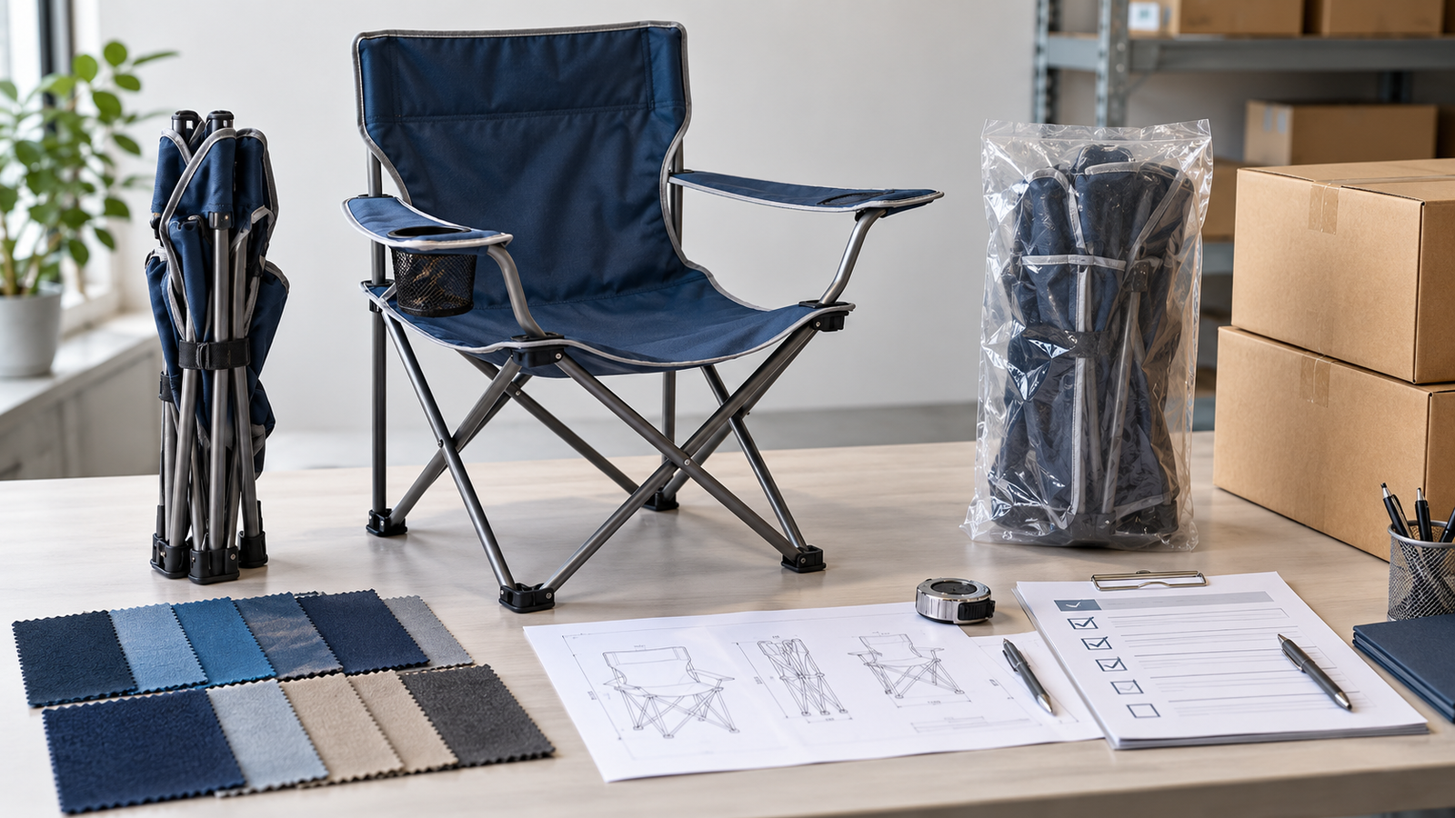 A folding camping chair sample and production-control reference.